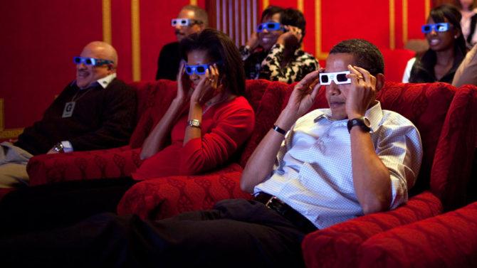 Feb. 1, 2009 “During a Super Bowl watching party in the White House theatre, the President and First Lady join their guests in watching one of the TV commercials in 3D.” (Official White House photo by Pete Souza) This official White House photograph is being made available only for publication by news organizations and/or for personal use printing by the subject(s) of the photograph. The photograph may not be manipulated in any way and may not be used in commercial or political materials, advertisements, emails, products, promotions that in any way suggests approval or endorsement of the President, the First Family, or the White House.