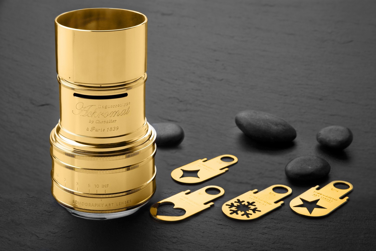 This gold-plated Lomography Daguerreotype Achromat 2.9/64 art lens 