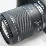 Canon RF 24-105mm lens showing focus distance scale at 10-meter marking with lens markings and focal length indicators visible