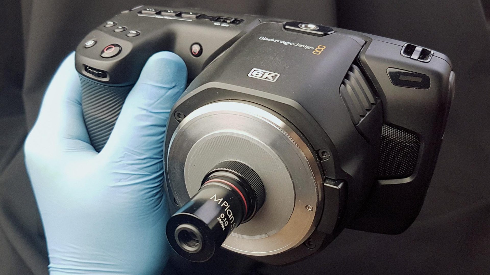 Blackmagic design pocket 6k with plan 5x microscope lens