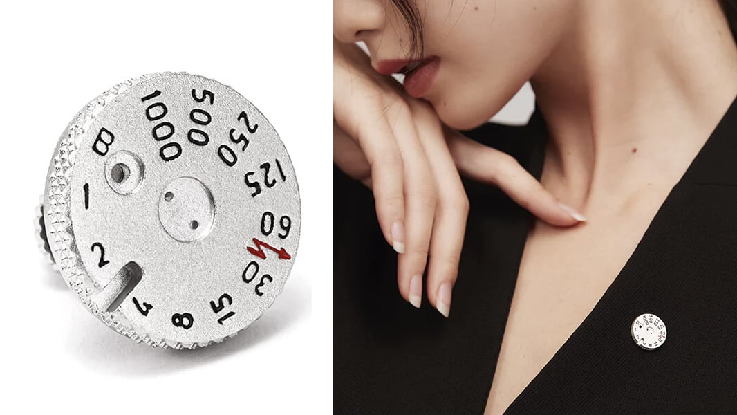 Leica shutter speed silver brooch