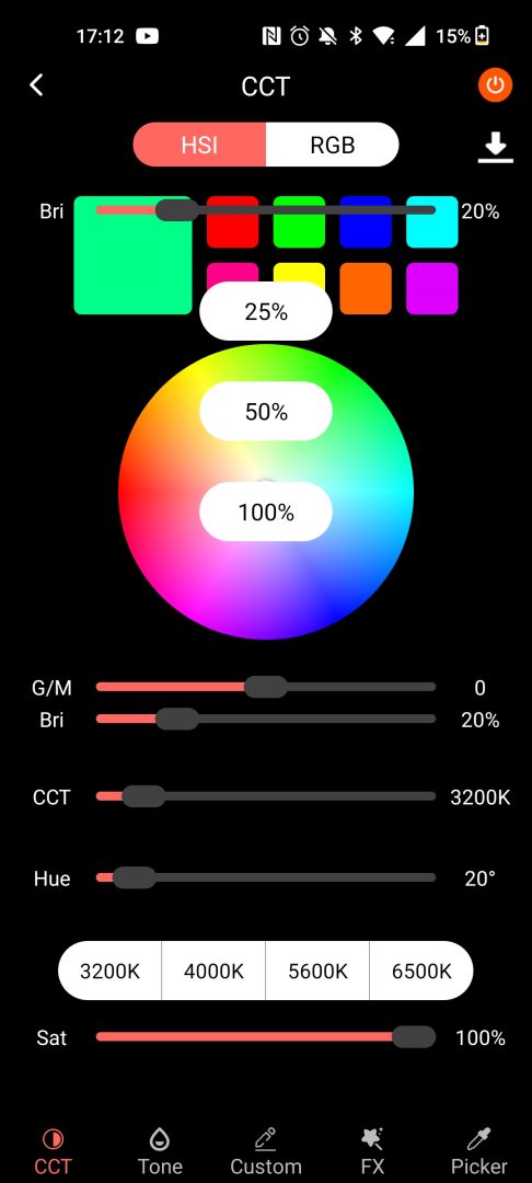 Sirui dragon led light - app screen - HSI selection