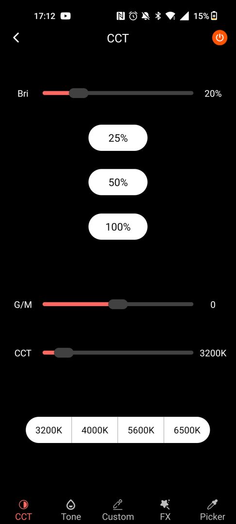 Sirui dragon led light - App screen - CCT selection