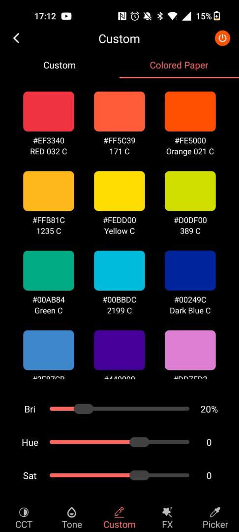 Sirui dragon led light - App screen - Gel selection