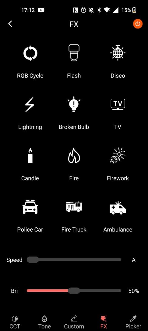 Sirui dragon led light - App screen - Effects