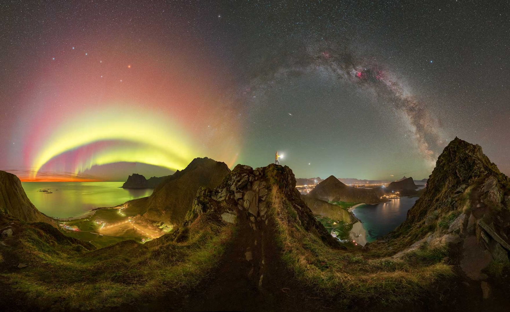 northern lights and milky way panorama