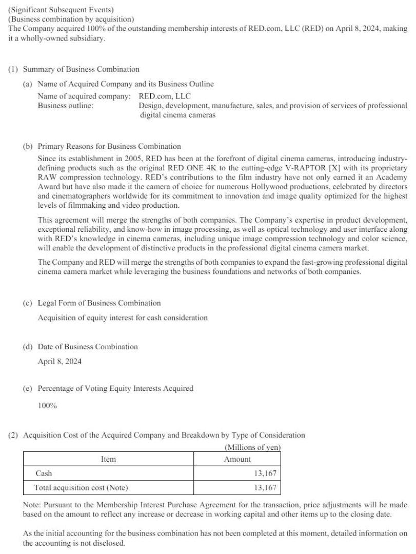 Nikon financial statement explaining the RED acquisition