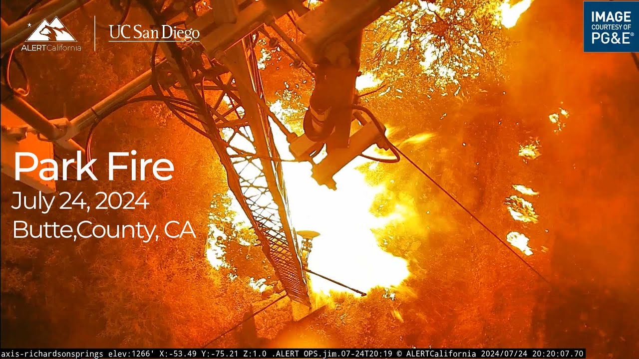A harrowing video has emerged showing a wildfire camera meeting its fiery end as it captured the relentless advance of the Park Fire, currently the largest blaze raging in California. The fire, which has consumed over 350,000 acres as of Sunday, has forced evacuations and destroyed 134 structures, including the wildfire camera tower. Authorities believe the fire was intentionally ignited last Wednesday when a suspect allegedly pushed a burning vehicle into a dry gully. The blaze has grown exponentially due to dry conditions and strong winds, becoming one of the largest on record in the state. At approximately 563 square miles, it's nearly half the size of Rhode Island and twelve times larger than San Francisco. A time-lapse video from AlertCalifornia, a public safety program, provides a chilling account of the fire's rapid approach. The camera, located on a wildfire observation tower, captures the flames' relentless advance until the tower itself is engulfed. "Time-lapse video of the rapid growth of the Park in Butte County, California on July 24, 2024 captured a UC San Diego ALERTCalifornia camera. As of 9 p.m. PT the Richardson Springs camera is offline and we do not know its status. Additional camera views are available on our website," AlertCalifornia reports. Despite the loss of the camera, AlertCalifornia's network of over 1,080 cameras and sensors continues to provide crucial data for wildfire response and research. The organization emphasizes the importance of this technology in understanding the complex impacts of wildfires, including post-fire hazards like debris flows and flooding. As firefighters battle to contain the Park Fire, the incident serves as a stark reminder of the challenges posed by wildfires and the critical role of technology in monitoring and responding to these disasters.