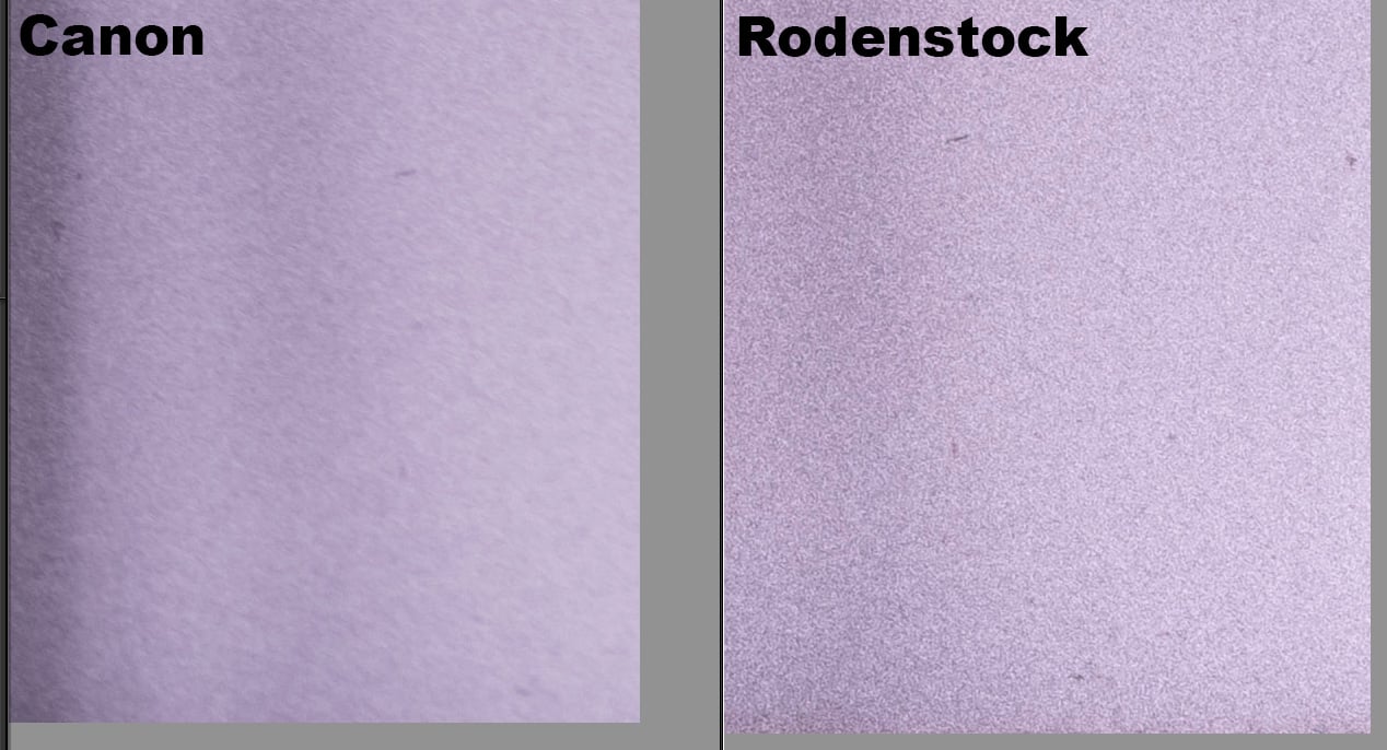There is nothing more to explain here, the 120 euro Rodenstock lens, just kills the Canon in that discipline. But as said before, that lens is made to project flat surfaces.