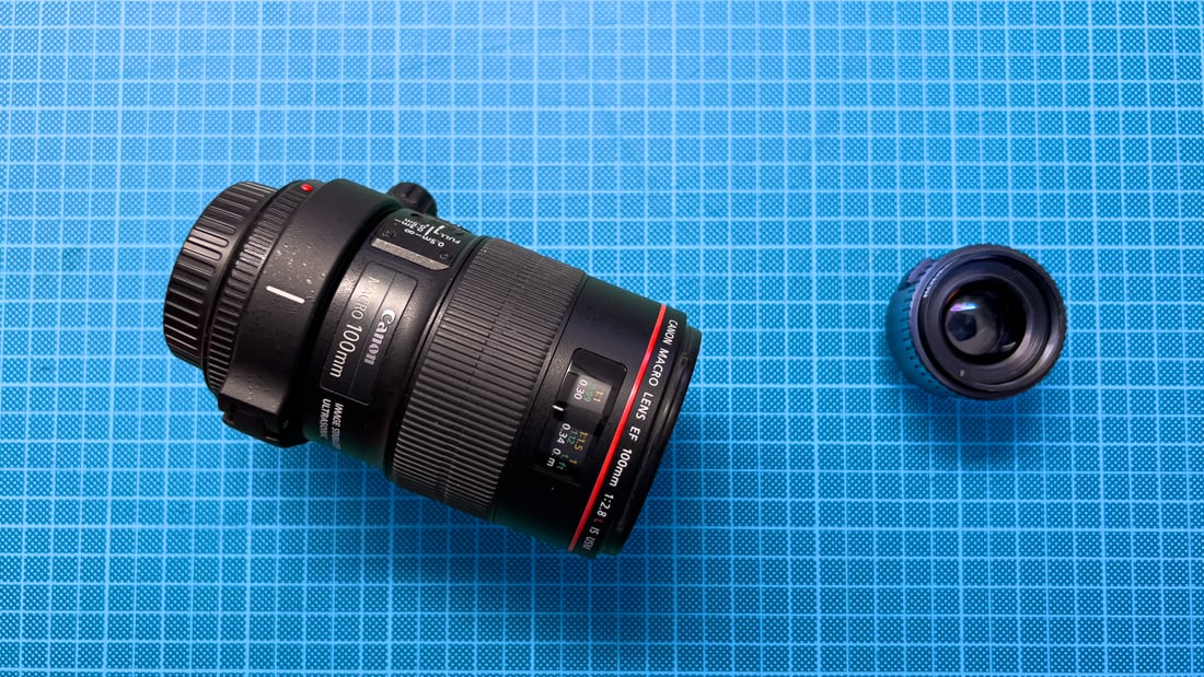 What a tiny lens the Rodenstock Rodagon is compared to the Canon 100mm macro.