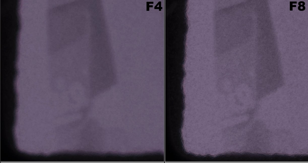 The Rodenstock Rodagon Lens ist much softer at the corner at F4 compared to F8