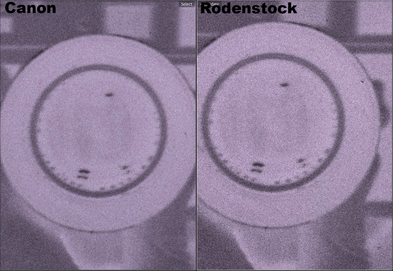 Here both look very similar. When using the 100mm Canon on my Leica camera, I had a little bit more distance between the lens and the negative, thats why it is a bit smaller.