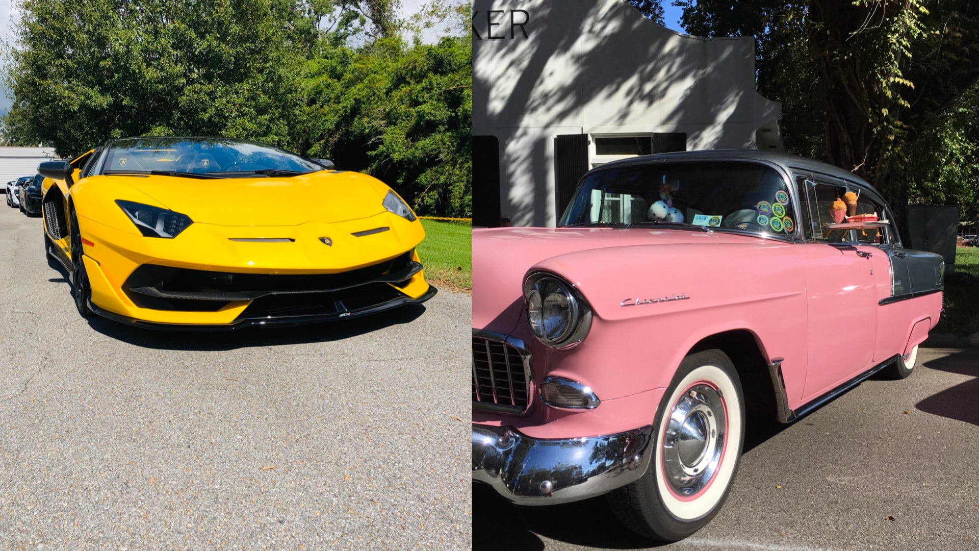 a real Lamborghini and Chevrolet Bel Air
