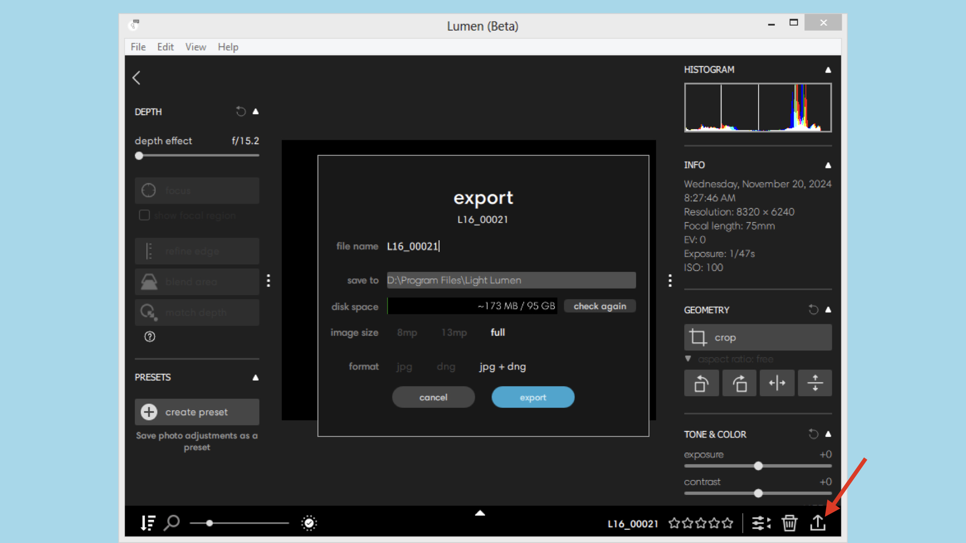 Lumen editor export button
