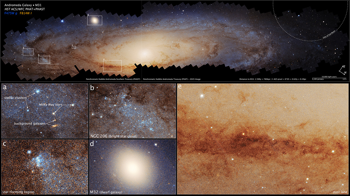 Interesting regions from the photomosaic. Credit: NASA, ESA, Benjamin F. Williams (UWashington), Zhuo Chen (UWashington), L. Clifton Johnson (Northwestern), Joseph DePasquale (STScI)
