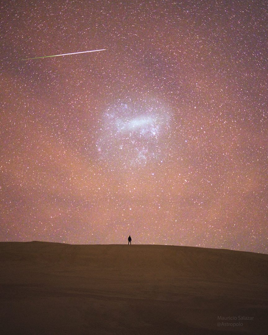 The Large Magellanic Cloud and a meteor seen from Dunes in Valizas, Uruguay