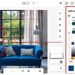 A screenshot of Adobe Express editing interface showing a living room image with a blue sofa, a color adjustment panel, and highlighted red boxes indicating selected elements.