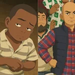 AI-generated Studio Ghibli-style artwork featuring two characters; one is a young boy with a skeptical expression wearing a striped shirt, while the other is a bald man in a plaid shirt and vest standing confidently among a crowd.