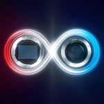 A stylized L-Mount Alliance logo featuring an infinity symbol created by a glowing connection between a camera sensor on the left and a lens mount on the right, set against a dark gradient background.
