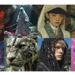 eight AI-generated fantasy and sci-fi themed artworks, featuring futuristic cities, characters, animals, and surreal landscapes.