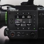 Close-up of the Fujifilm GFX Eterna cinema camera showcasing its control interface and display screen.