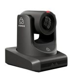 A-Eye PTZ Series AI-powered camera by Atomos, featuring a sleek black design with a large lens and control panel on the base.