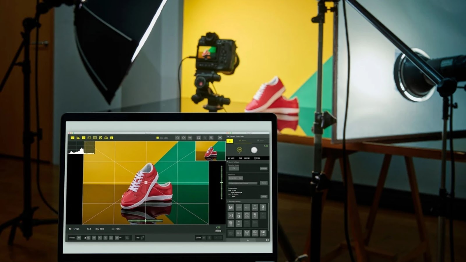 The screen displays Nikon NX Tether software with live capture and adjustment tools, highlighting advanced photo and video capabilities.