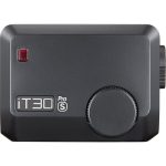 Front view of the Godox iT30 Pro S compact flash unit featuring a sleek black design, control dial, and red sensor window.