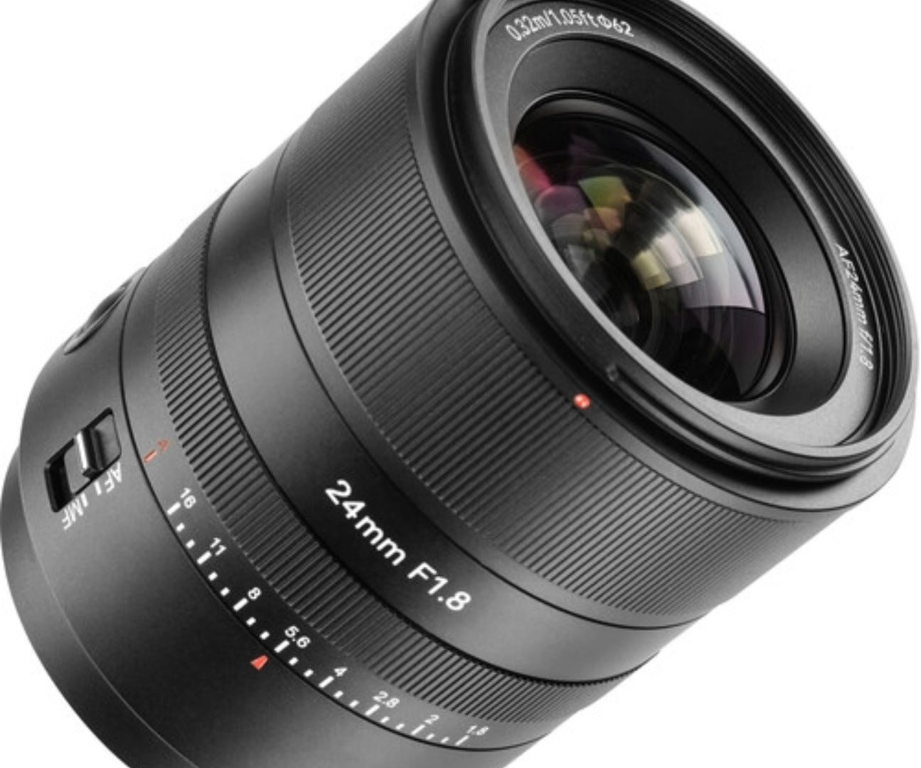 Close-up image of the 7Artisans 24mm f/1.8 AF lens for Sony E-mount cameras, showing its aperture markings, focus ring, and AF/MF switch.