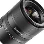 Close-up image of the 7Artisans 24mm f/1.8 AF lens for Sony E-mount cameras, showing its aperture markings, focus ring, and AF/MF switch.