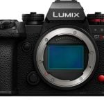 Front view of the Panasonic Lumix S1 IIE full-frame mirrorless camera showing its lens mount and control dials.