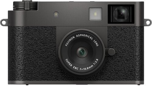 Front view of the FUJIFILM X-Half digital camera, showcasing its retro-inspired design, fixed lens, and textured black body with viewfinder.