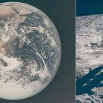 Earth from space on the left and astronaut Buzz Aldrin standing on the Moon on the right during the Apollo 11 mission.