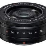 FUJINON XF 23mm f/2.8 R WR lens in black, showing aperture ring and compact, weather-sealed design.