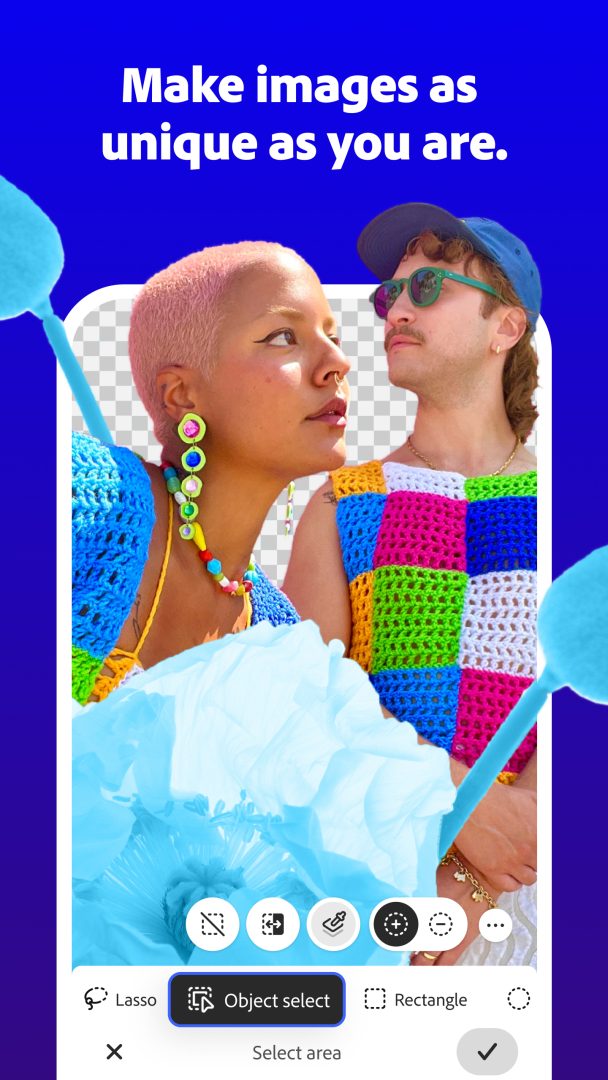 A colorful, creative portrait of two individuals in crochet outfits, edited with Photoshop mobile’s “Object Select” tool, with a transparent background and digital blue flower overlays to highlight unique design elements.