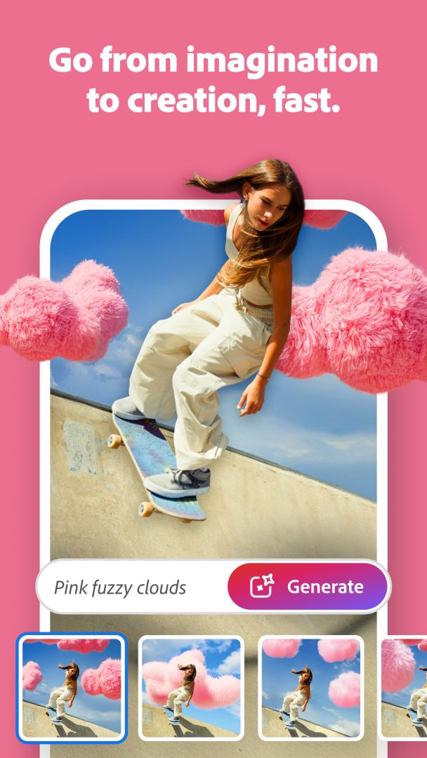 A young woman skateboarding under a blue sky with AI-generated pink fuzzy clouds added in the background using the Photoshop mobile app, showcasing a "Generate" button and creative variations.