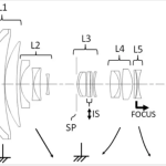 Diagram of Canon RF lens optical design from patent, showing multiple grouped lens elements labeled L1 to L6 with sections for image stabilization (IS), focus, and internal zoom mechanism.