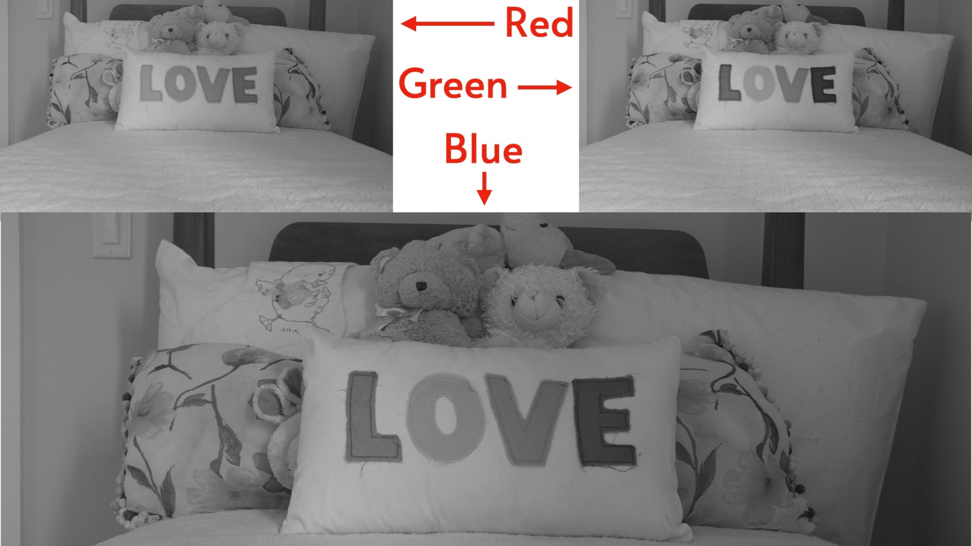 Three monochrome color photographs