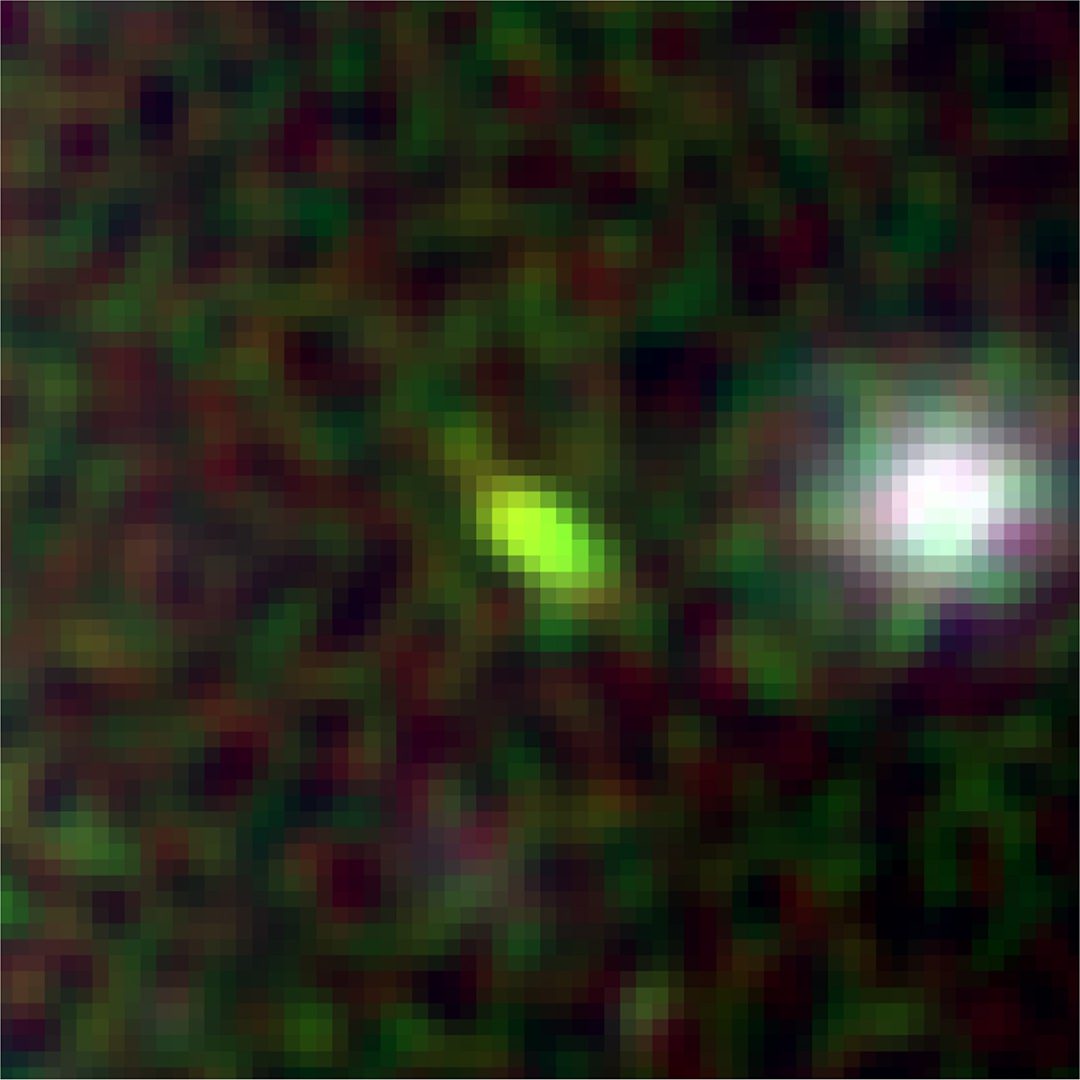 One of the most interesting galaxies of the study, dubbed 41028 (the green oval at center), has an estimated stellar mass of just 2 million Suns, comparable to the masses of the largest star clusters in our own Milky Way galaxy. Credit: NASA/ESA/CSA/Bezanson et al. 2024 and Wold et al. 2025
