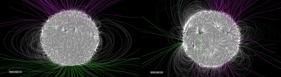 A model of the sun's magnetic field at two instances about four years apart, showing its evolving complexity as the sun approaches the most volatile part of the solar cycle. (Image credit: NASA GSFC/Bridgman)