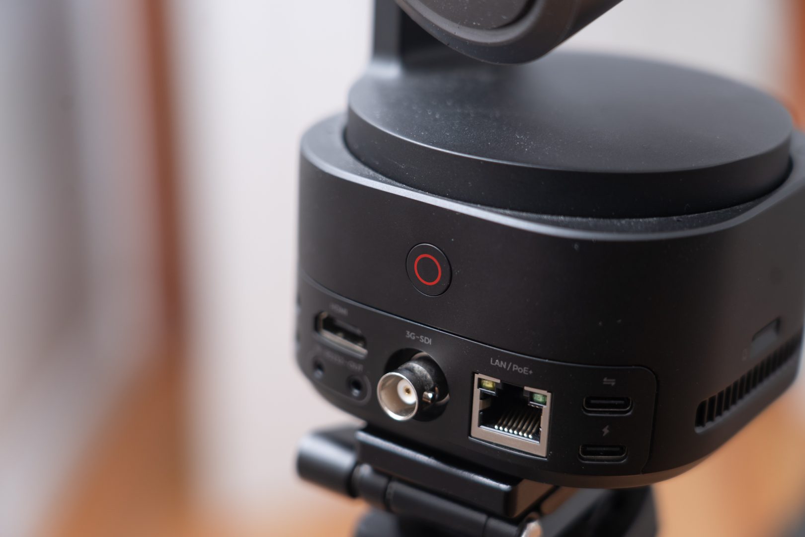 A detail shot of the rear I/O ports in the OBSBOT Tail 2