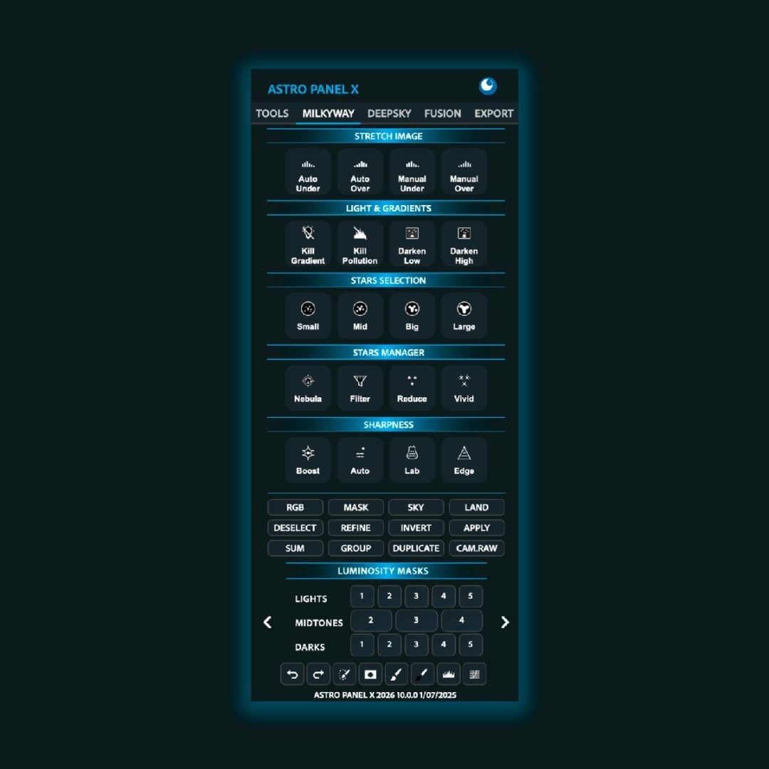 Extensive controls for Milky Way and deep sky processing
