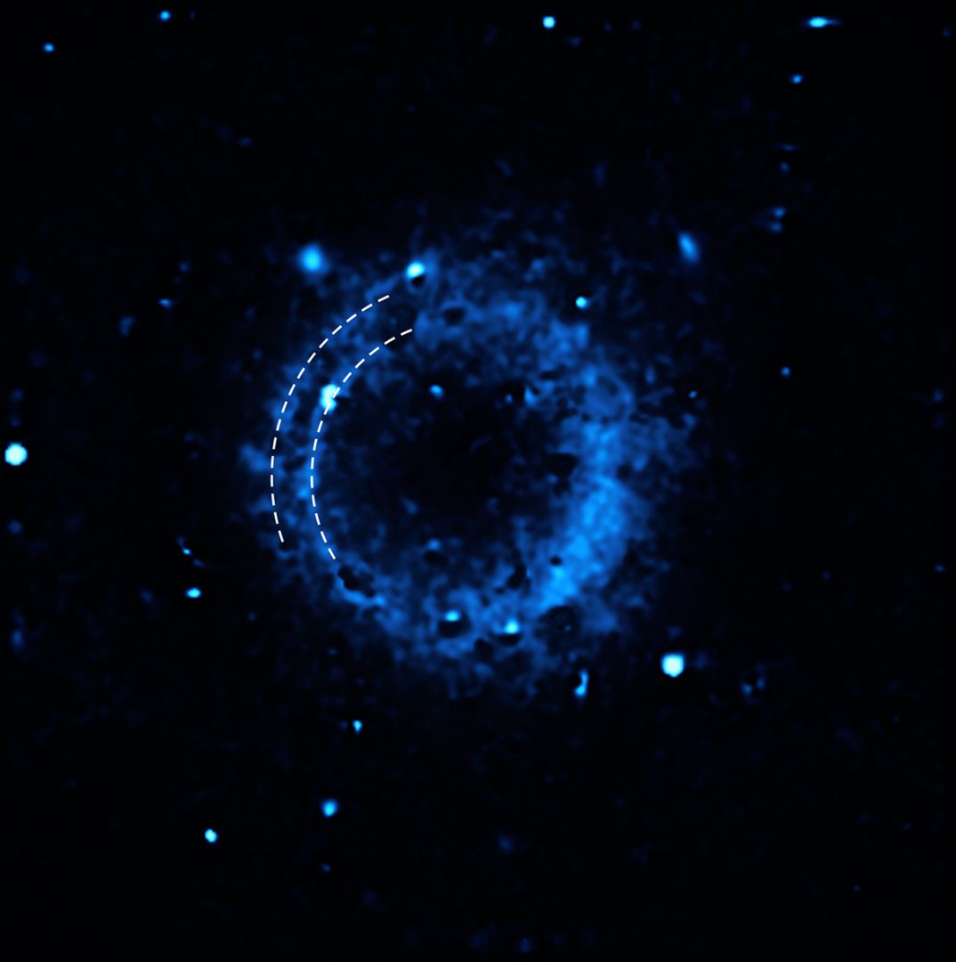 This image shows the distribution of calcium in the supernova remnant SNR 0509-67.5. The data were captured with the Multi-Unit Spectroscopic Explorer (MUSE) instrument at ESO’s Very Large Telescope (VLT). Credit: ESO/P. Das et al.