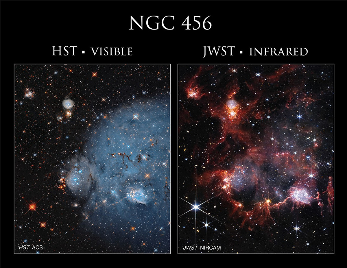 The Hubble image of NGC 456 (left) shows a puffy, bluish cloud of ionized gas, while the JWST image (right) displays the same cluster’s cavern-like outline of dust. Credit: NASA, ESA, and C. Lindberg; Processing: Gladys Kober