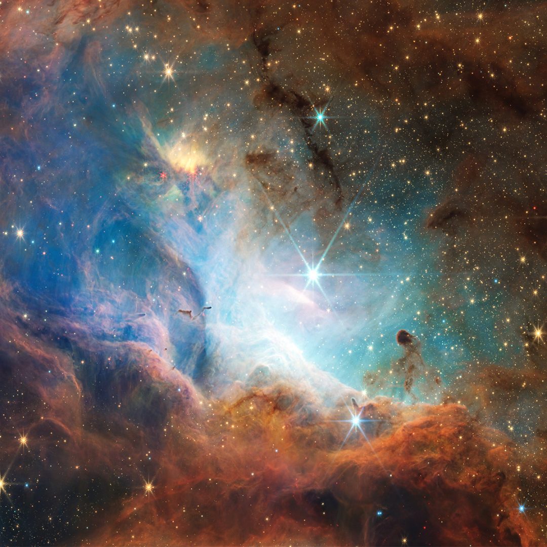 "Toe beans", where massive young stars are carving the gas and dust while their bright starlight is producing a bright nebulous glow. Credit: NASA, ESA, CSA, STScI
