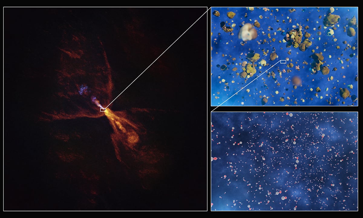 These images illustrate how hot gas condenses into solid minerals around the baby star HOPS-315. Two insets show artist’s impressions of molecules of silicon monoxide condensing into solid silicates. Credit: ESO/L. Calçada/ALMA(ESO/NAOJ/NRAO)/M. McClure et al.