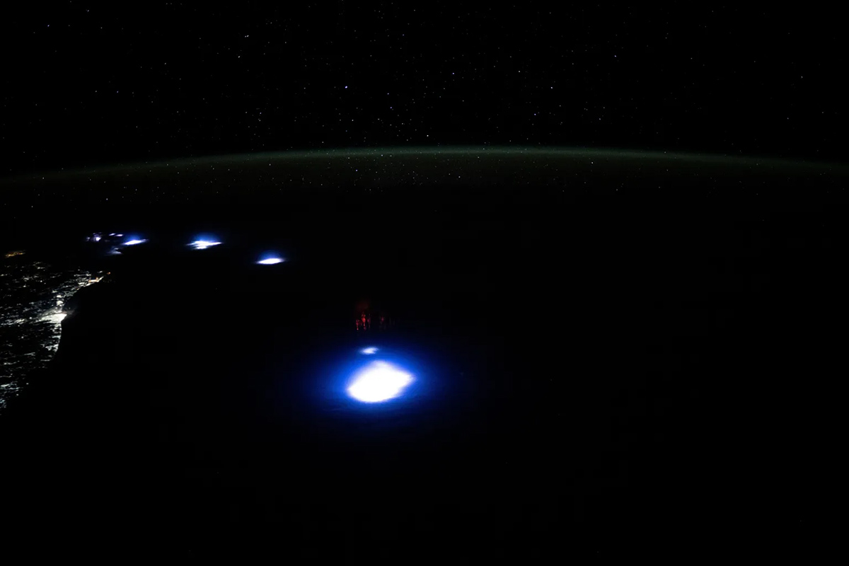 Several transient luminous events illuminate pockets of Earth’s upper atmosphere. A line of thunderstorms off the coast of South Africa powers the rare phenomenon. Credit: NASA/Matthew Dominick