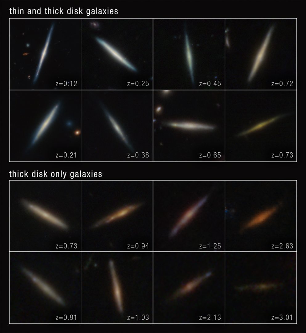  Two mosaics of edge-on disc galaxies observed by JWST. Each mosaic has eight images, split into two rows. The mosaic at the top is titled “thin and thick disc galaxies.” The mosaic at the bottom is titled “thick disc only galaxies.” Each disc galaxy is centered within a square frame and lies against the black background of space. Text at the bottom right of each box lists the galaxy’s redshift. Credit: NASA, ESA, CSA, STScI, T. Tsukui (ANU)