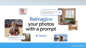 A collection of edited photos showcasing how Gemini can reimagine images, including a person dressed as a matador and a room transformed with modern furniture.