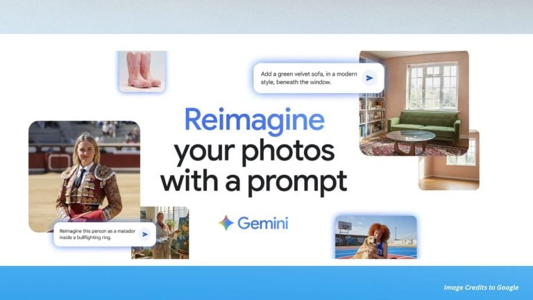 A collection of edited photos showcasing how Gemini can reimagine images, including a person dressed as a matador and a room transformed with modern furniture.
